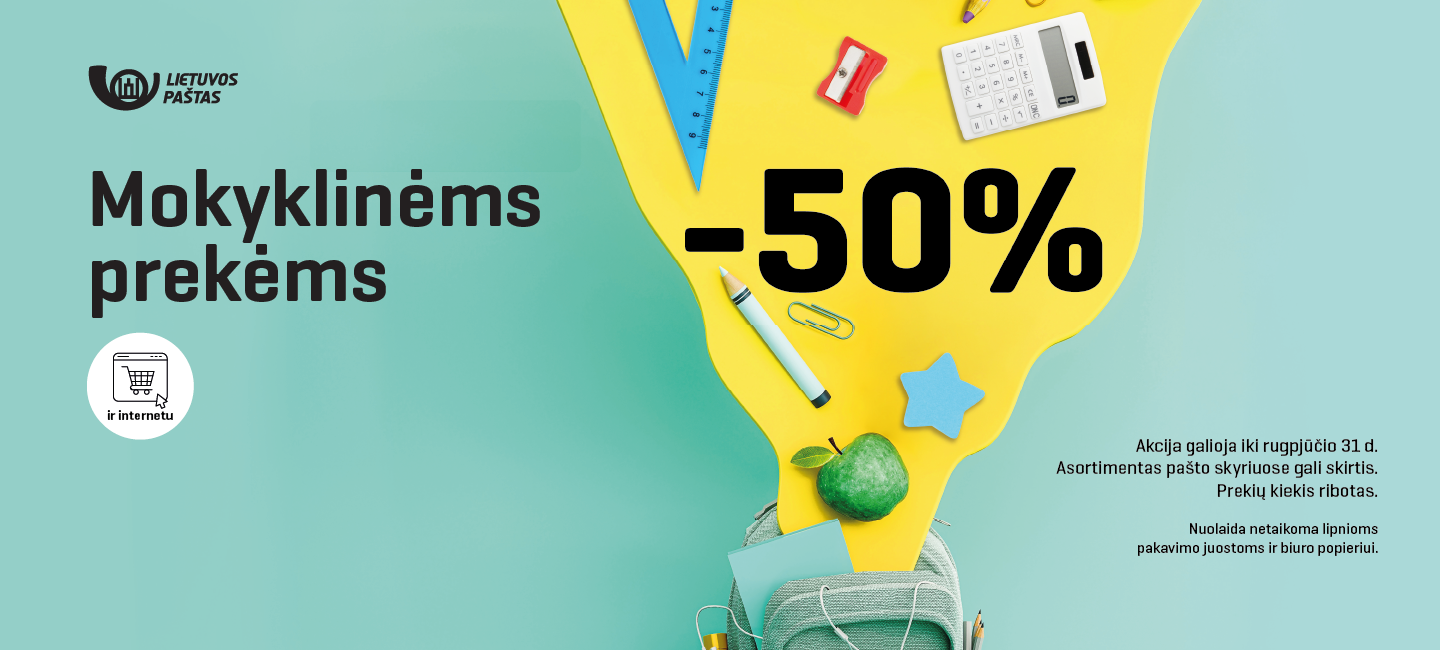 Mokyklinėms prekėms -50%. Pasiūlymas galioja iki rugpjūčio 31 d. Prekių kiekis ribotas. Asortimentas pašto skyriuose gali keistis. Nuolaida netaikoma lipnioms pakavimo juostoms ir biuro popieriui.