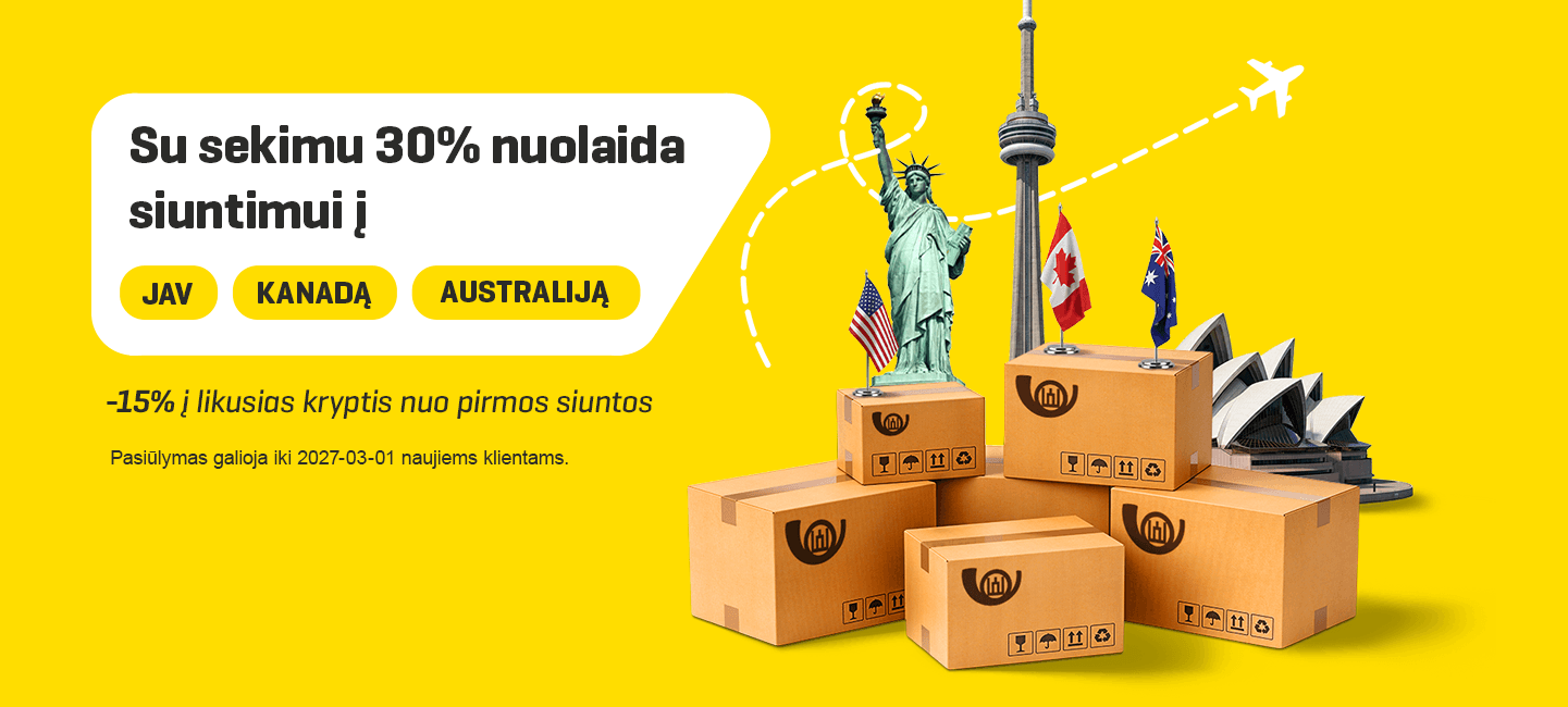 Su sekimu 30% nuolaida siuntimui į JAV, Kanada ir Australiją. Taikoma -15 % nuolaida siuntimui su sekimu į likusias kryptis nuo pirmos siuntos. Pasiūlymas galioja tik verslo klientams.